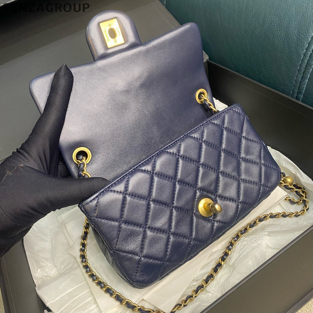 Chanel Classic Flap Mini Blue Gold Chain Crossbody Bag for Women