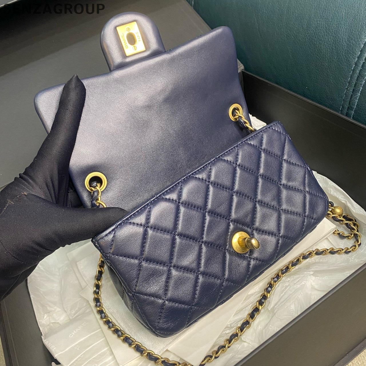 Chanel Classic Flap Mini Blue Gold Chain Crossbody Bag for Women