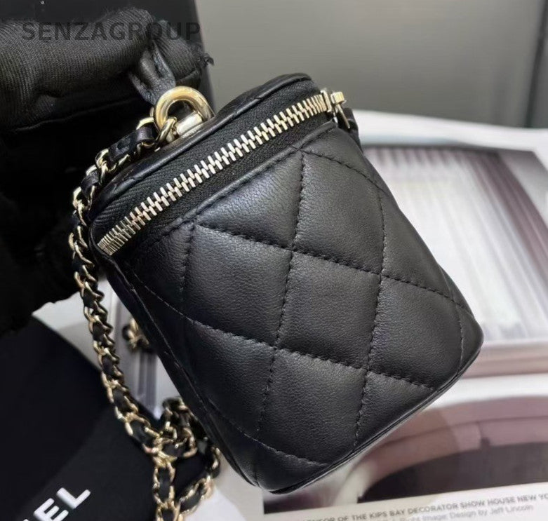 CHANEL Vanity mini Lambskin Top Handle Chain Shoulder Handbag Black Gold Women