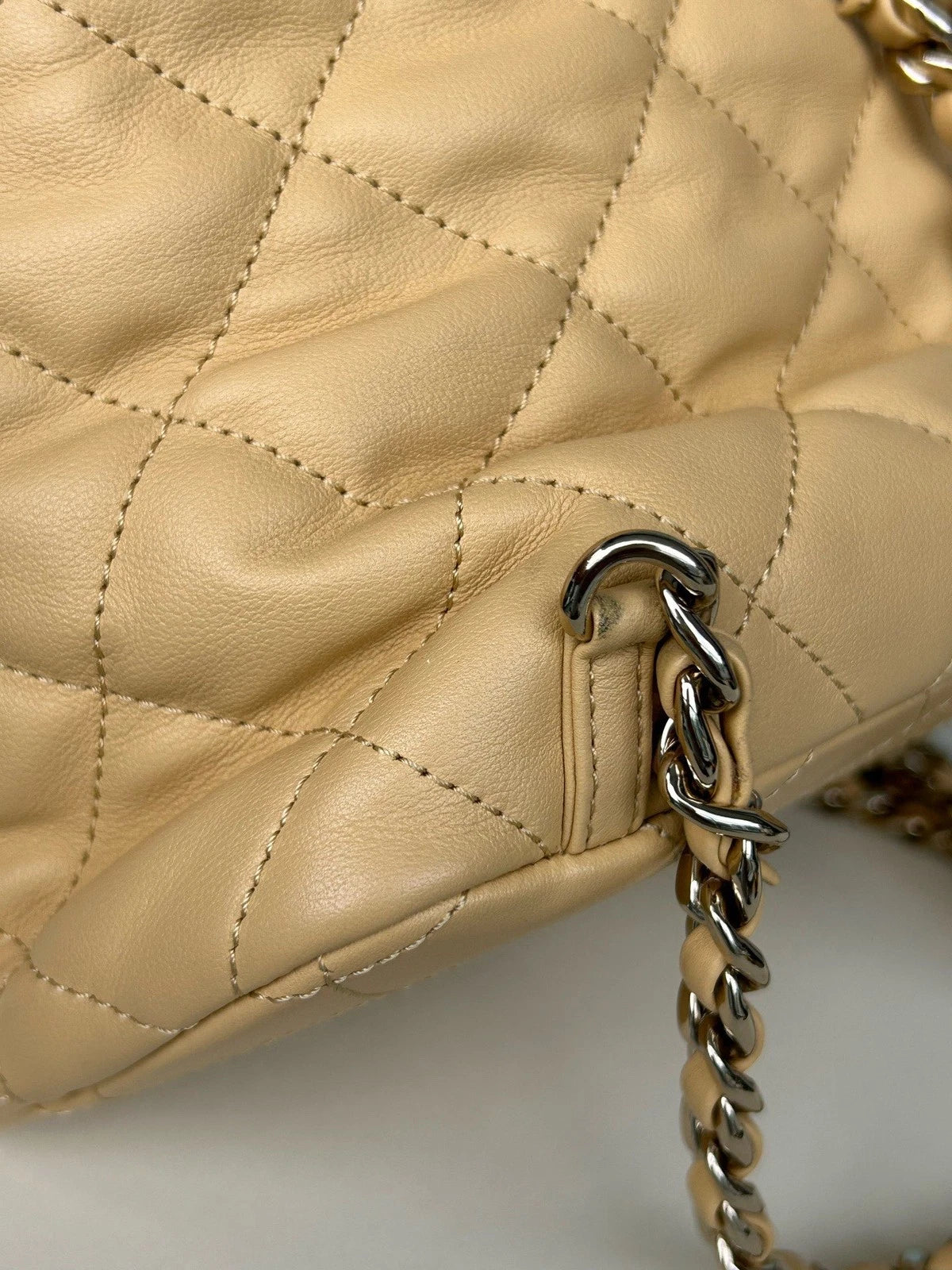 Chanel Diamond Chain Drawstring Backpack Beige Gold Used Women Classic
