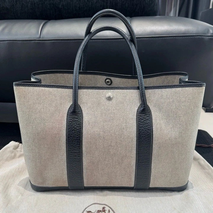 Hermes Garden Party 36 Togo Canvas Tote Shoulder Bag Gray White Women D
