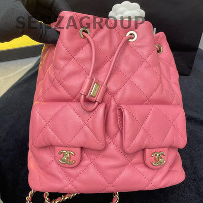 Chanel Quilted Pink Drawstring Chain Backpack Gold Hardware Women's Fashion