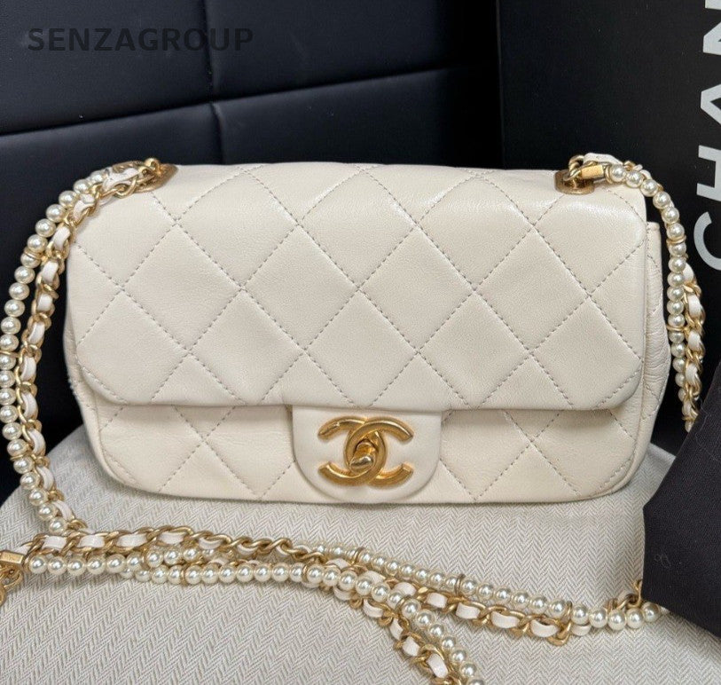 Chanel Classic Flap Mini Calfskin Pearl Chain Shoulder Bag White Gold Women