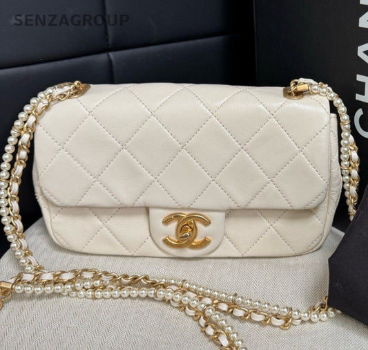 Chanel Classic Flap Mini Calfskin Pearl Chain Shoulder Bag White Gold Women