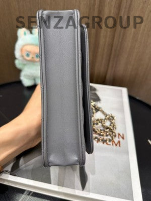 Chanel WOC Quilted Chain Shoulder Crossbody Bag Grey Gold