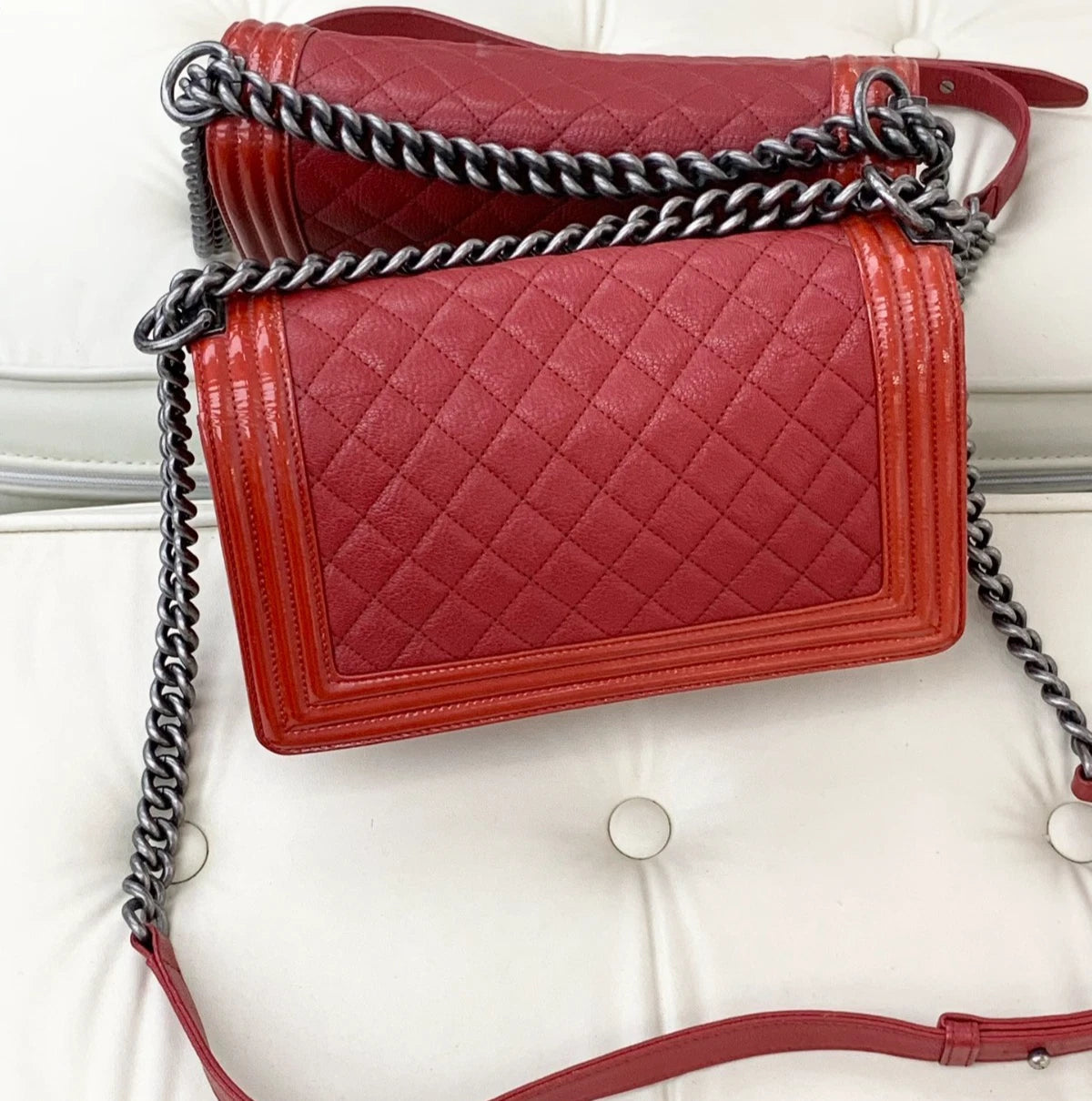 Chanel Leboy MM Calfskin Patent Chain Shoulder Bag Crossbody Red Women S