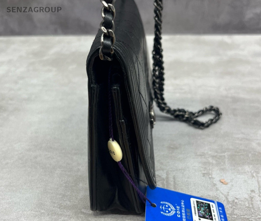 Chanel Leboy WOC Calfskin Chain Shoulder Bag Black Silver Diamond Women Classic