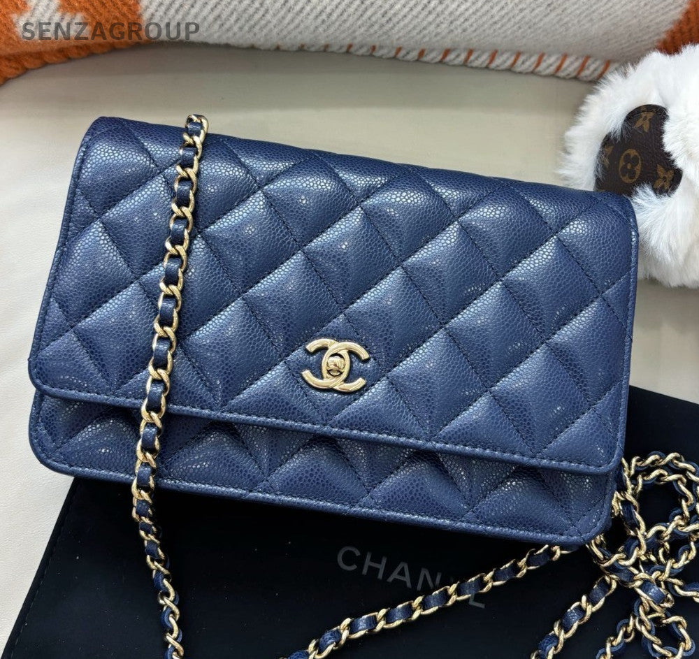 Chanel WOC Calfskin Chain Shoulder Bag Crossbody Blue Gold Women Classic Fashion