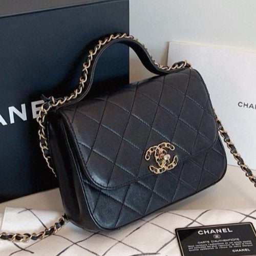 Chanel 19Bag  Diamond Top Handle Chain Shoulder Crossbody Black Gold Used Women