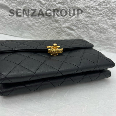 Chanel 22S Accordion Flap Bag Black Gold Quilted Chain Shoulder Crossbody