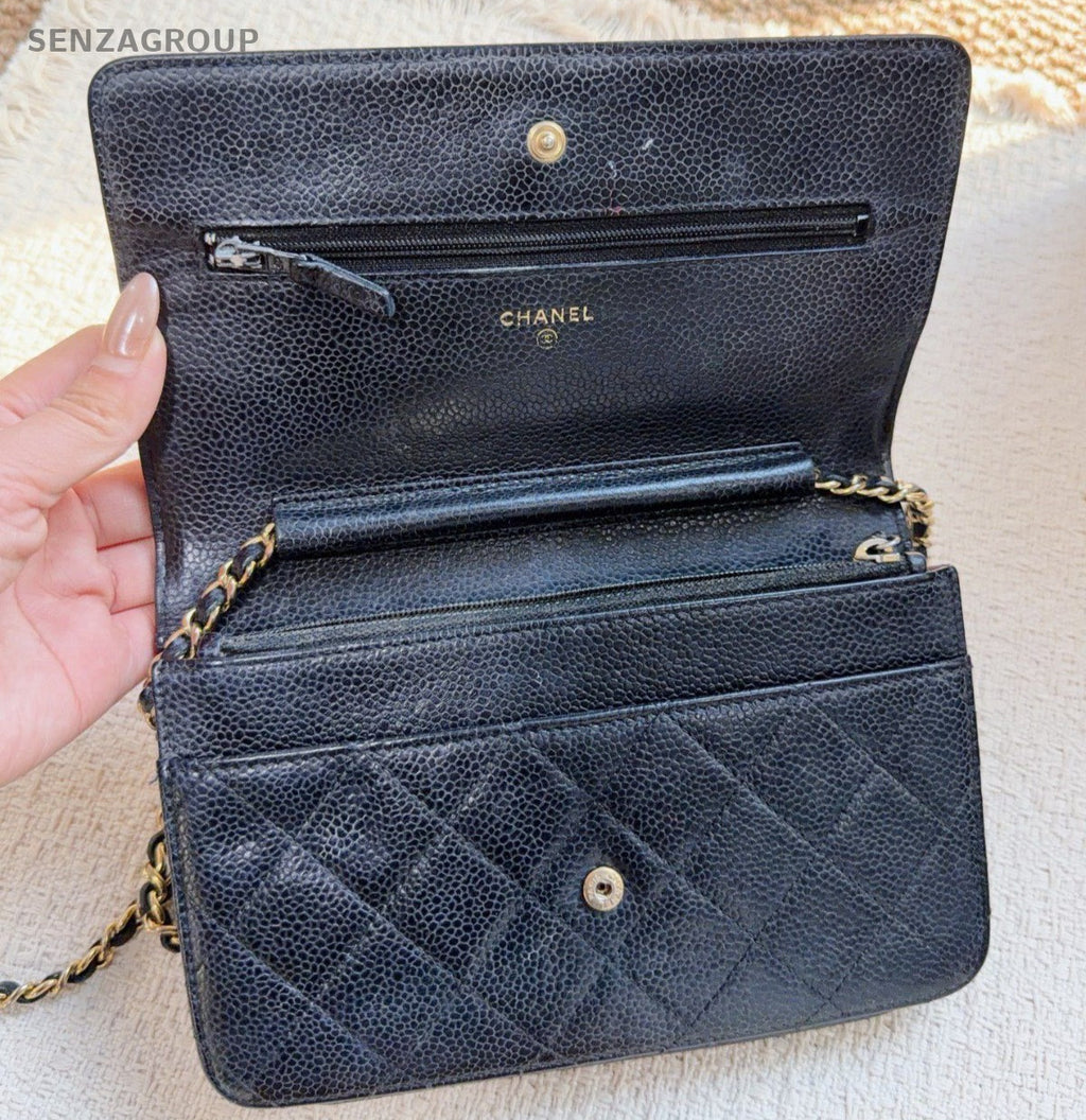 Chanel WOC Diamond Chain Shoulder Bag Crossbody Black Gold Women Classic