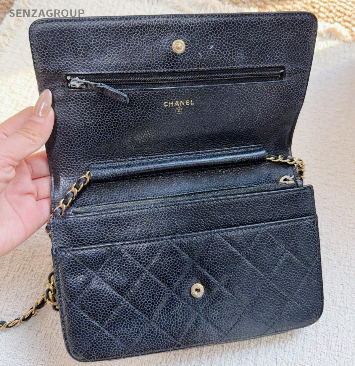 Chanel WOC Diamond Chain Shoulder Bag Crossbody Black Gold Women Classic