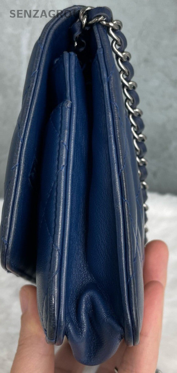 Chanel Classic Flap Calfskin Chain Shoulder Bag Blue Silver Women Designer