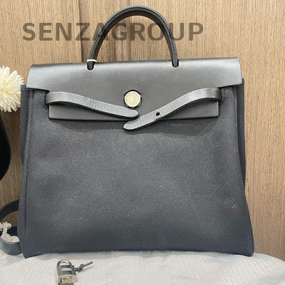 Hermès Herbag 31 Backpack Black Silver Leather Canvas Women's Classic
