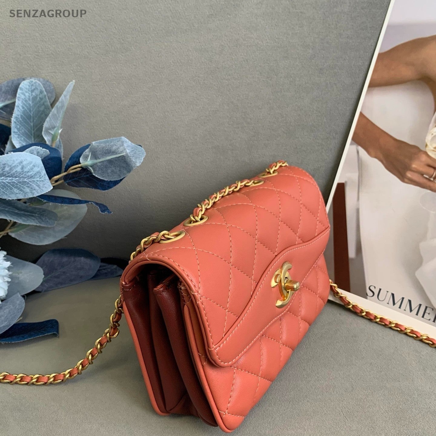 CHANEL Diamond pattern Cuban orange-red Chain Shoulder bag Crossbody Women