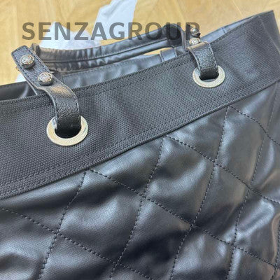 Chanel Classic Black Silver Quilted Tote Beach Shoulder Bag Women