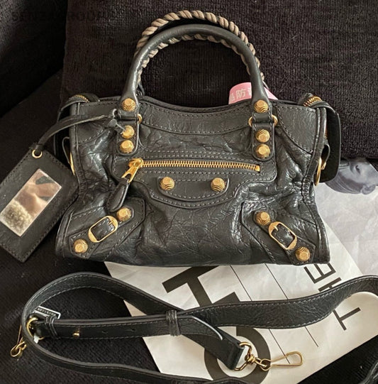 Balenciaga City 2Way Top Handle Bag Crossbody Gray Gold Women Classic