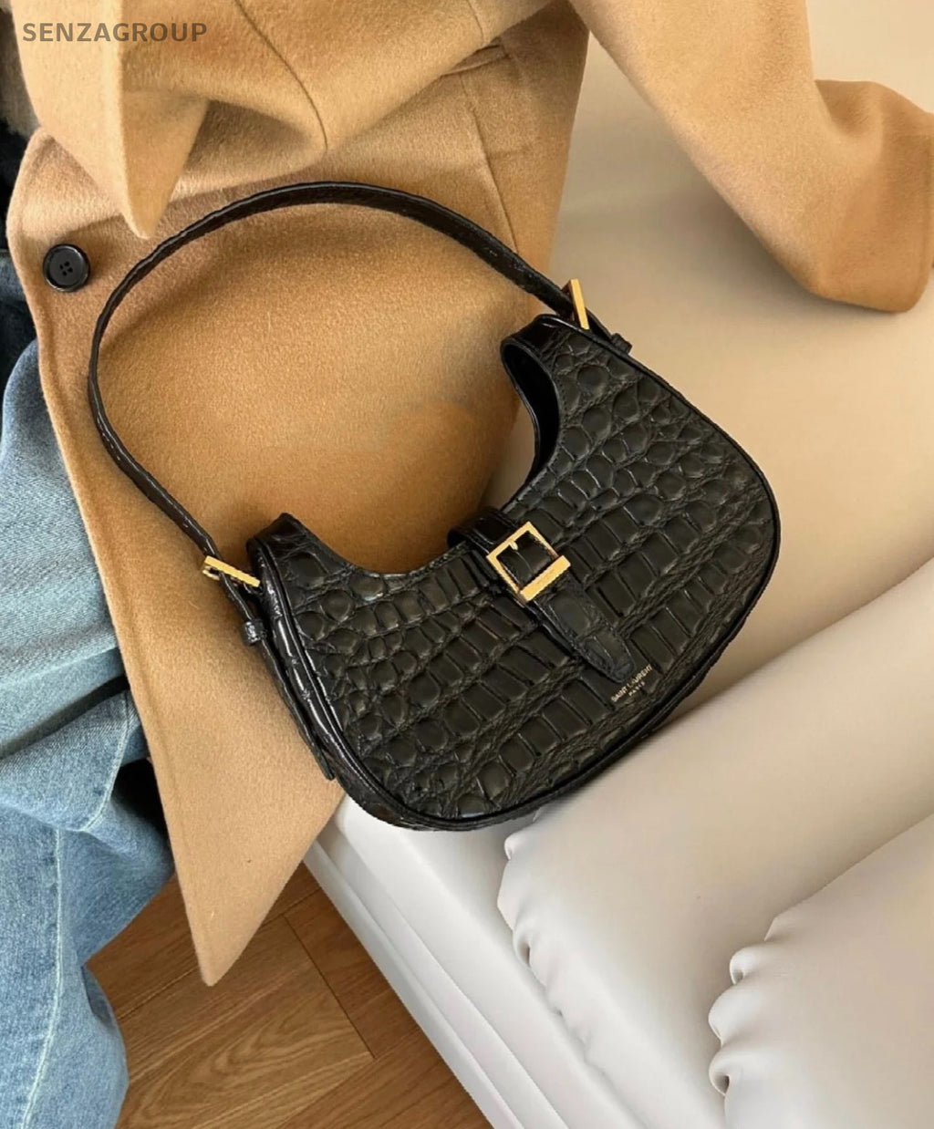 YSL Saint Laurent Croc-Embossed Hobo Shoulder Pea Bag Black Women
