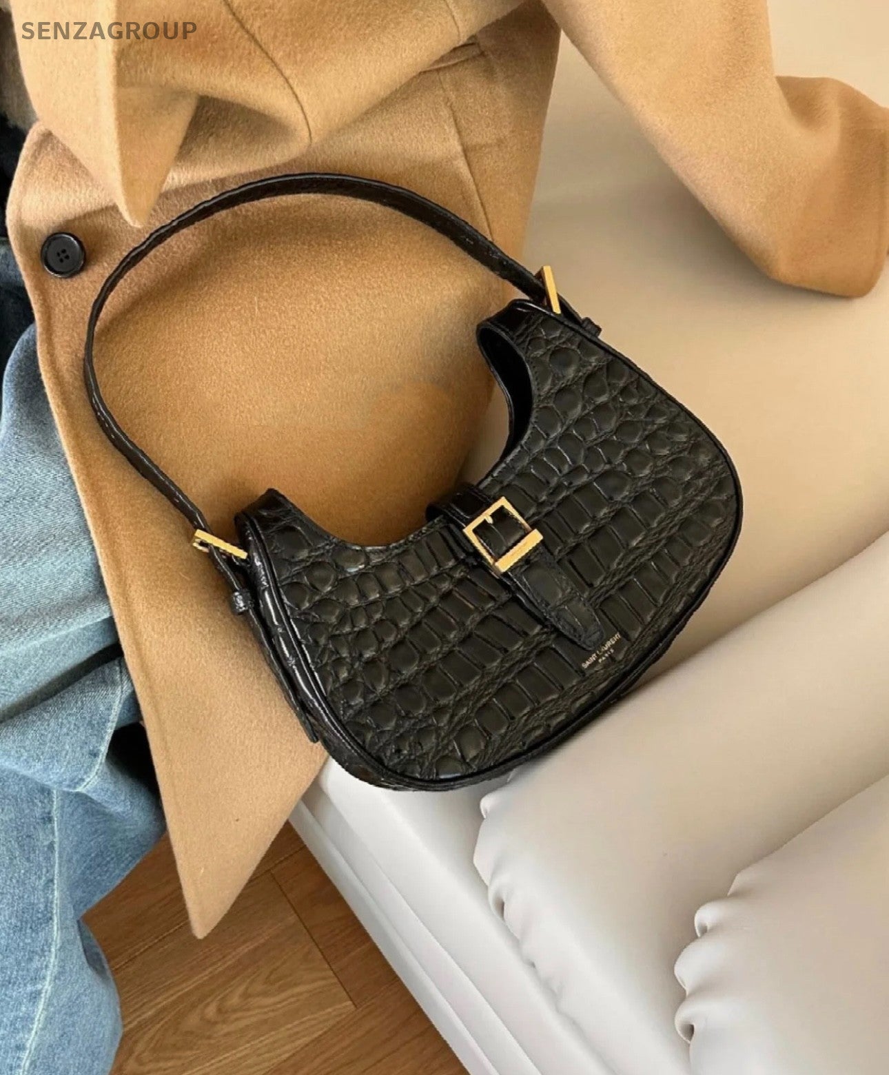 YSL Saint Laurent Croc-Embossed Hobo Shoulder Pea Bag Black Women