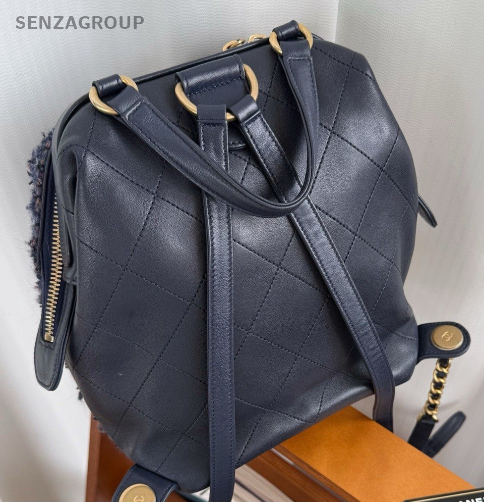 Chanel Calfskin Backpack Blue Gold Used Women Classic Fashion