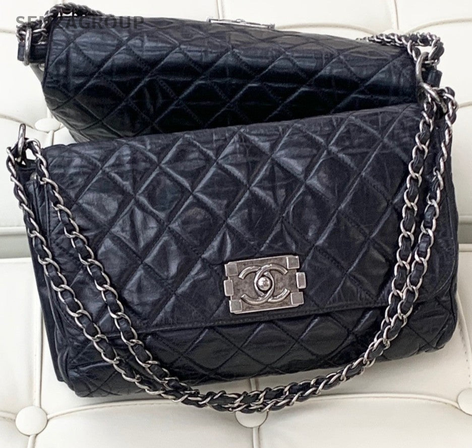 Chanel Leboy Calfskin Chain Shoulder Bag Black Silver Diamond Women Classic