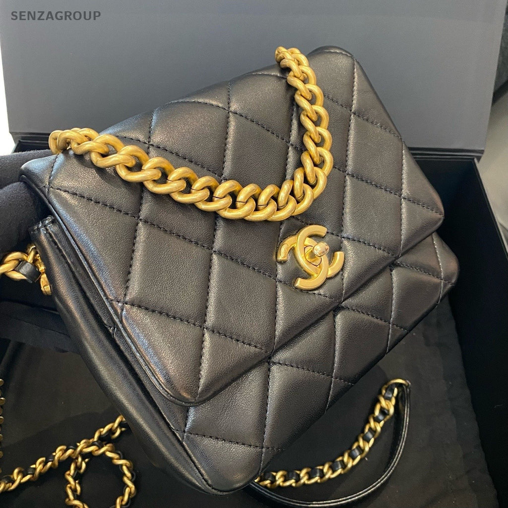 Chanel Diamond Chain Top Handle Shoulder Crossbody Black Gold Women Classic