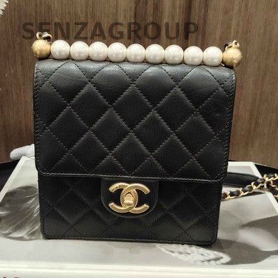 Chanel Quilted Pearl Chain Shoulder Crossbody Bag Black Gold Classic