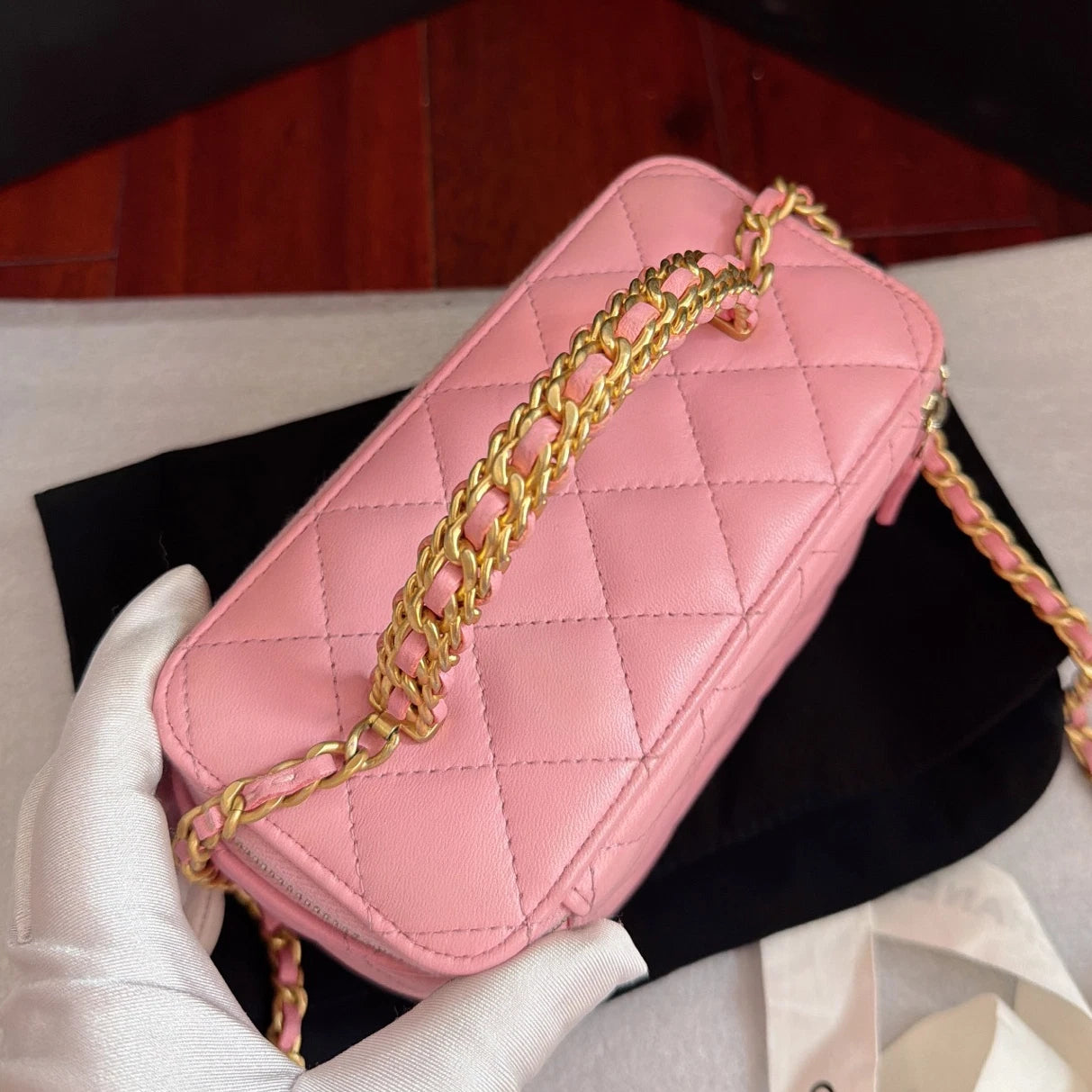 Chanel Vanity Case Diamond Chain Crossbody Top Handle Bag Pink Gold Women