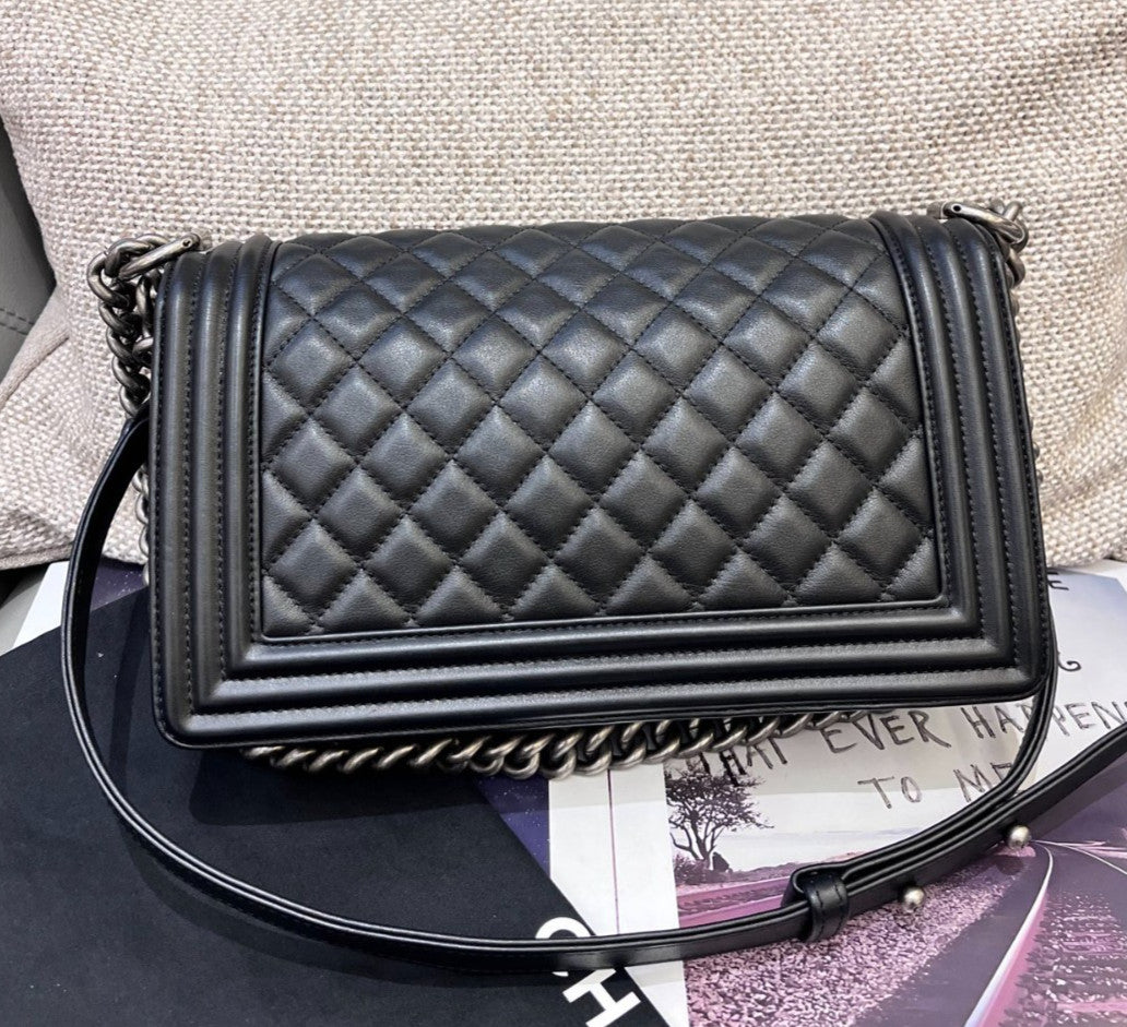Chanel Leboy MM Calfskin Chain Shoulder Bag Crossbody Black Silver Women Classic