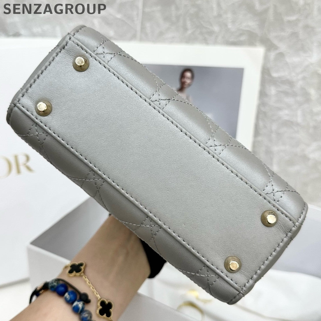 Dior Lady Dior Cannage Quilted Gray Gold Handbag Chain Strap