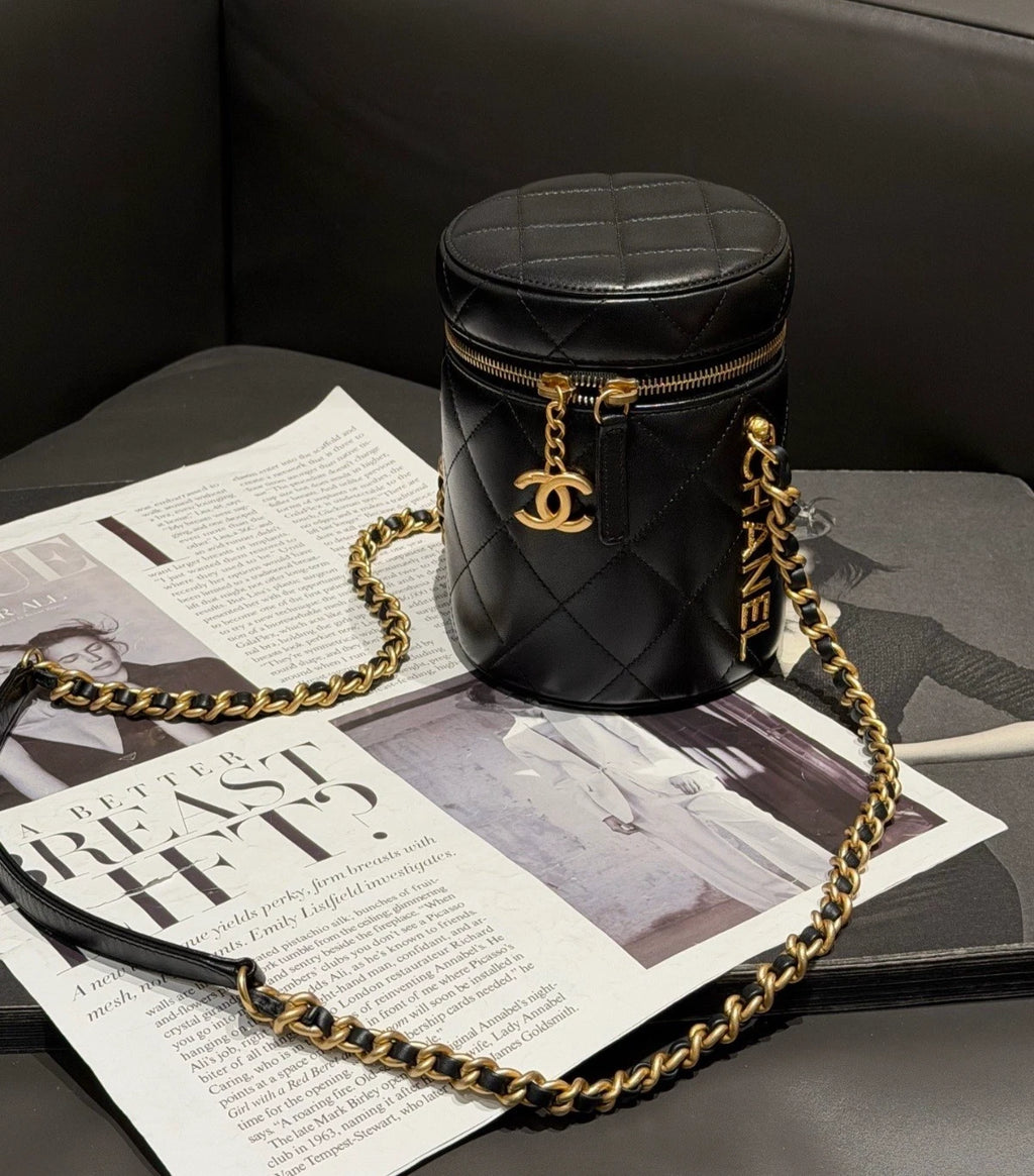 Chanel Vanity Case Chain Cylinder Bag Shoulder Bag Crossbody Black Gold Women