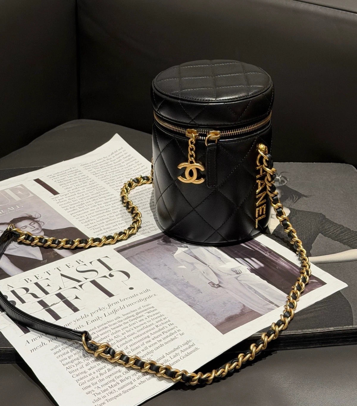 Chanel Vanity Case Chain Cylinder Bag Shoulder Bag Crossbody Black Gold Women
