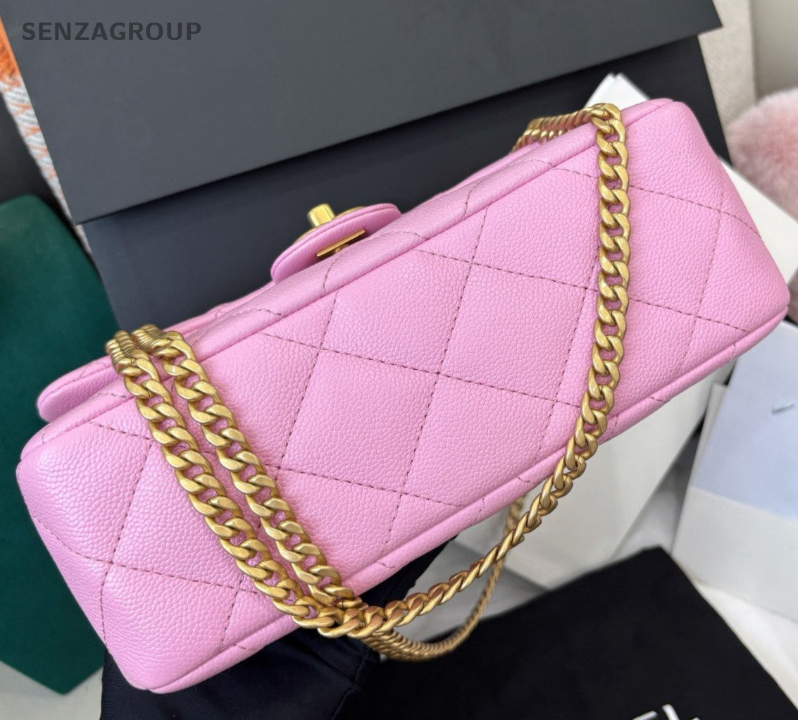 Chanel Classic Flap Calfskin Chain Shoulder Bag Pink Gold Diamond Women Fashion