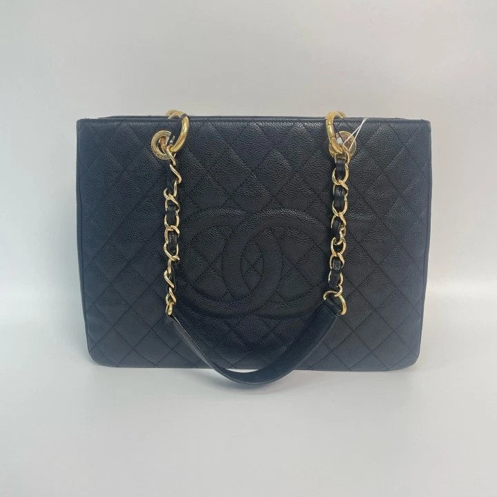 CHANEL GST Medium Black Gold Leather Tote Bag For Women