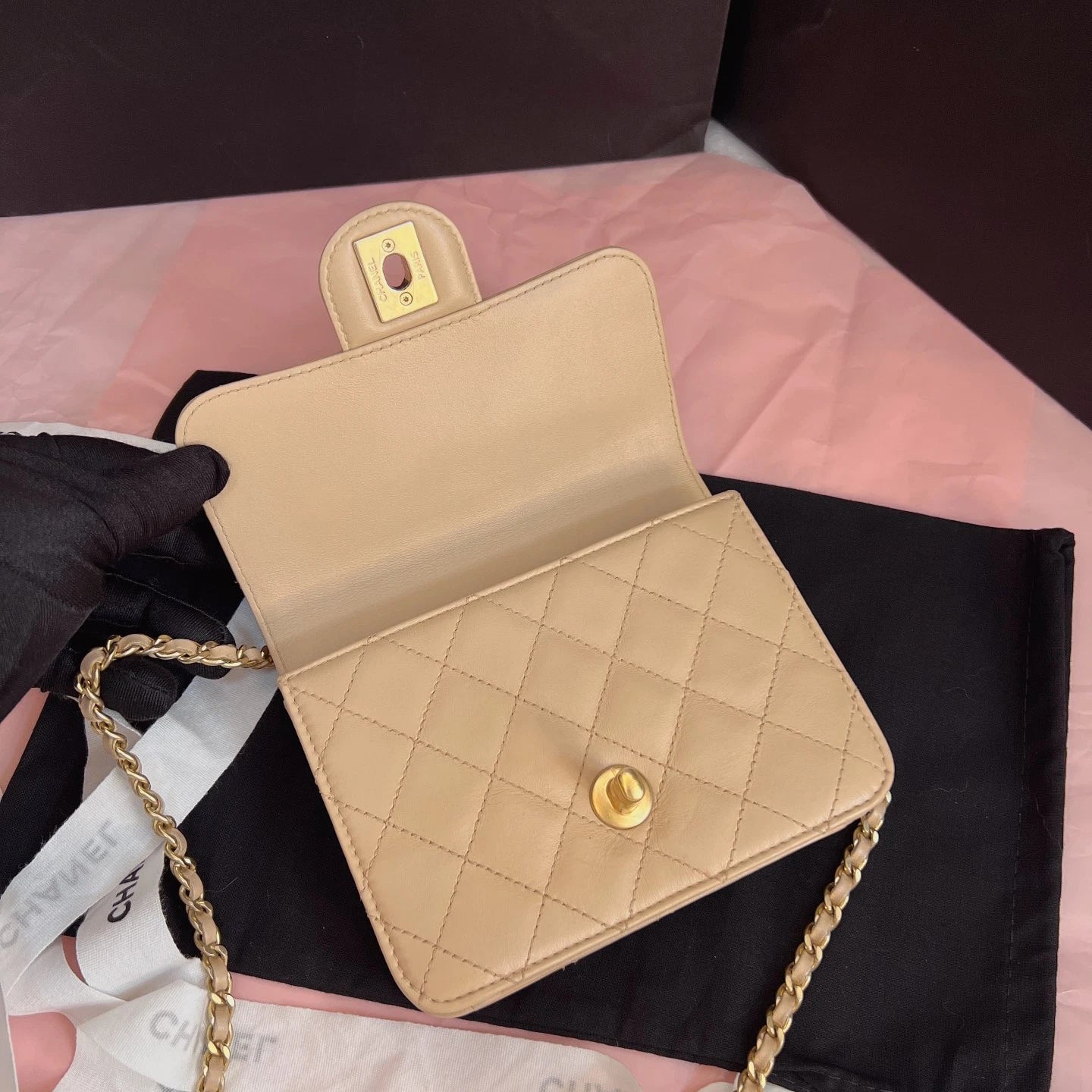 Chanel Woc Mini Calfskin Chain Shoulder Crossbody Beige Gold Excellent