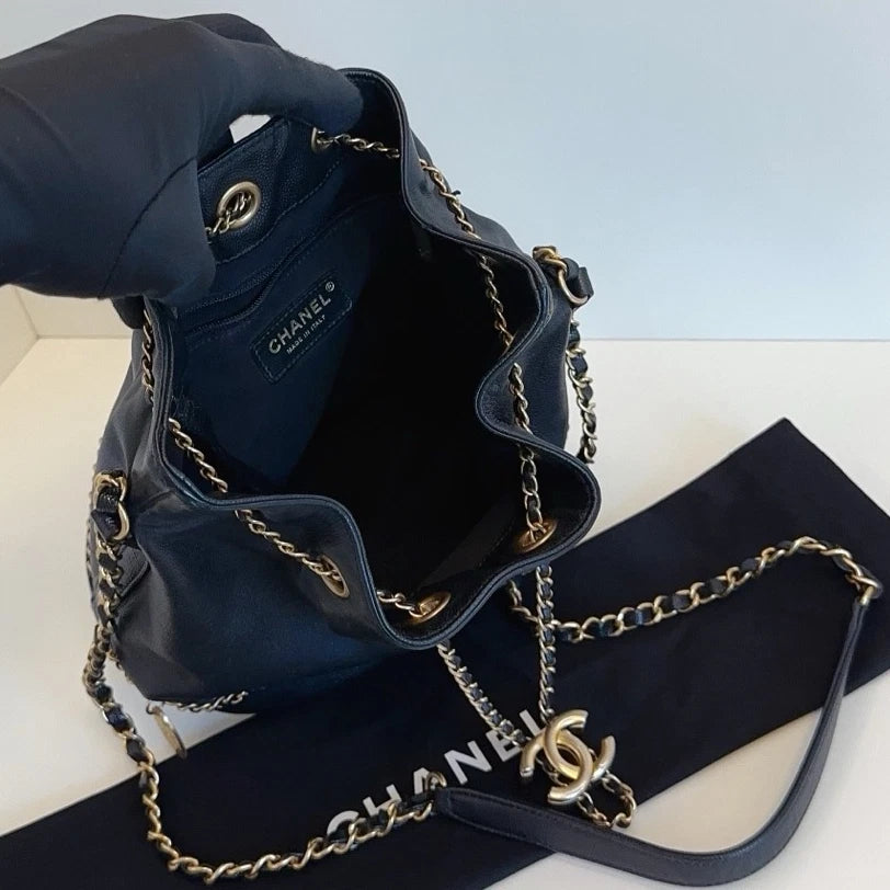 Chanel Greece Line Bucket Soft Calfskin Crossbody Bag Black Gold Women