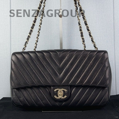 Chanel CF Large Black Gold Lambskin V-Stitch Chain Shoulder Crossbody Bag