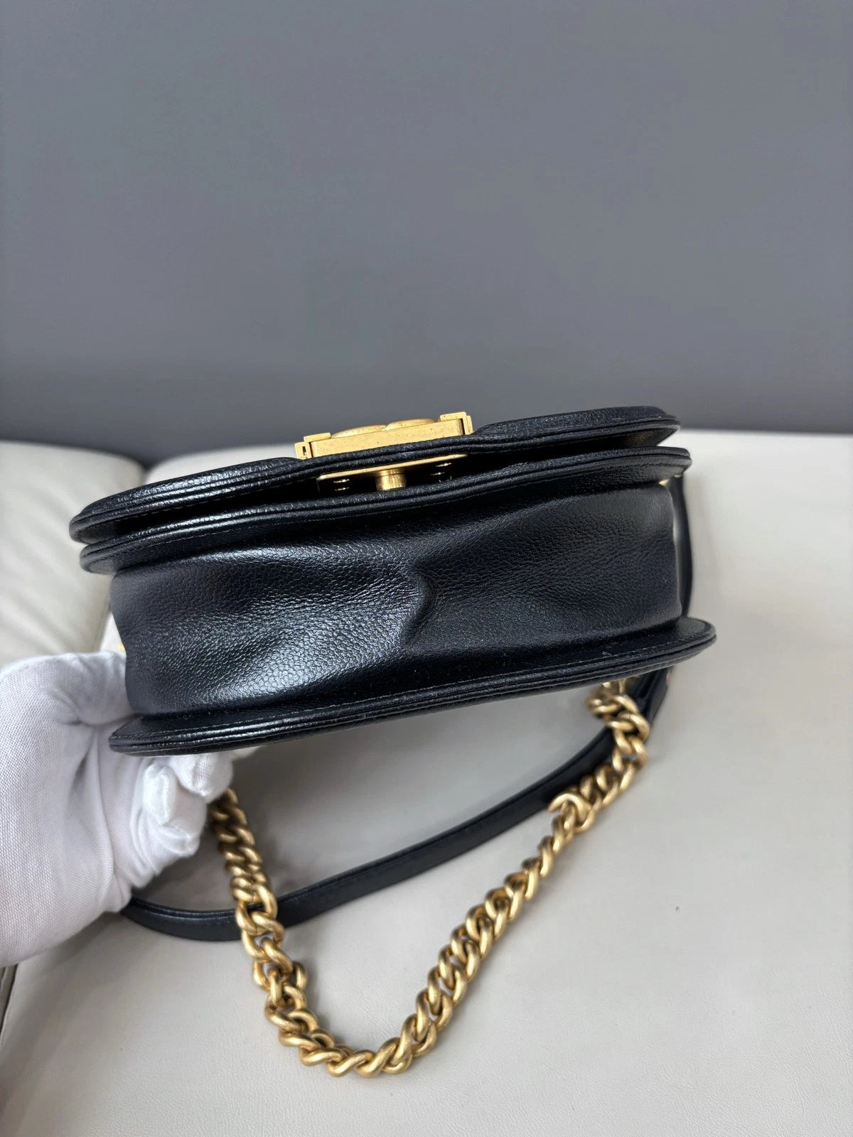 Chanel Le Boy Crossbody Shoulder Bag Black Gold Women Classic