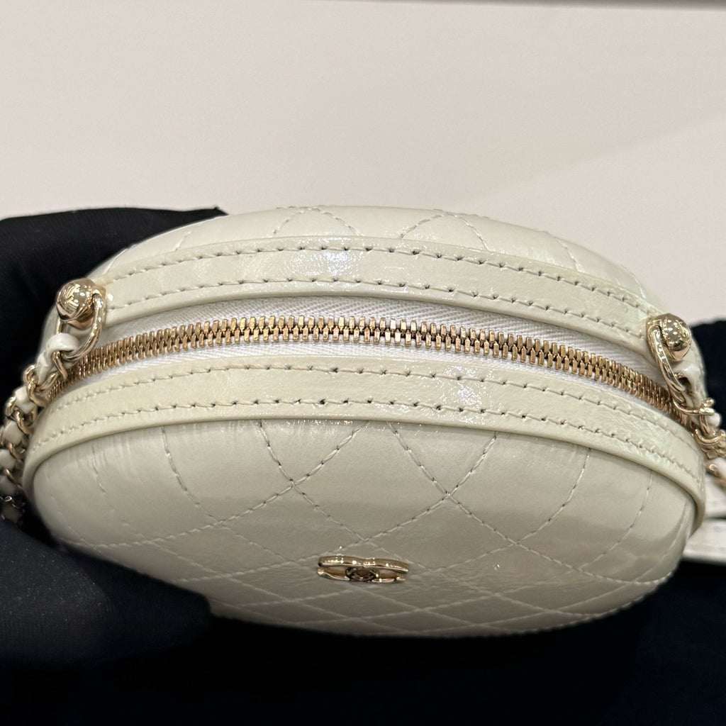 Chanel White Quilted Hard Round Bag Gold Chain Crossbody Classic