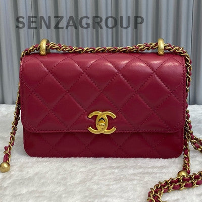 Chanel Quilted Calfskin Chain Shoulder Bag Red Gold Classic Fashion Women