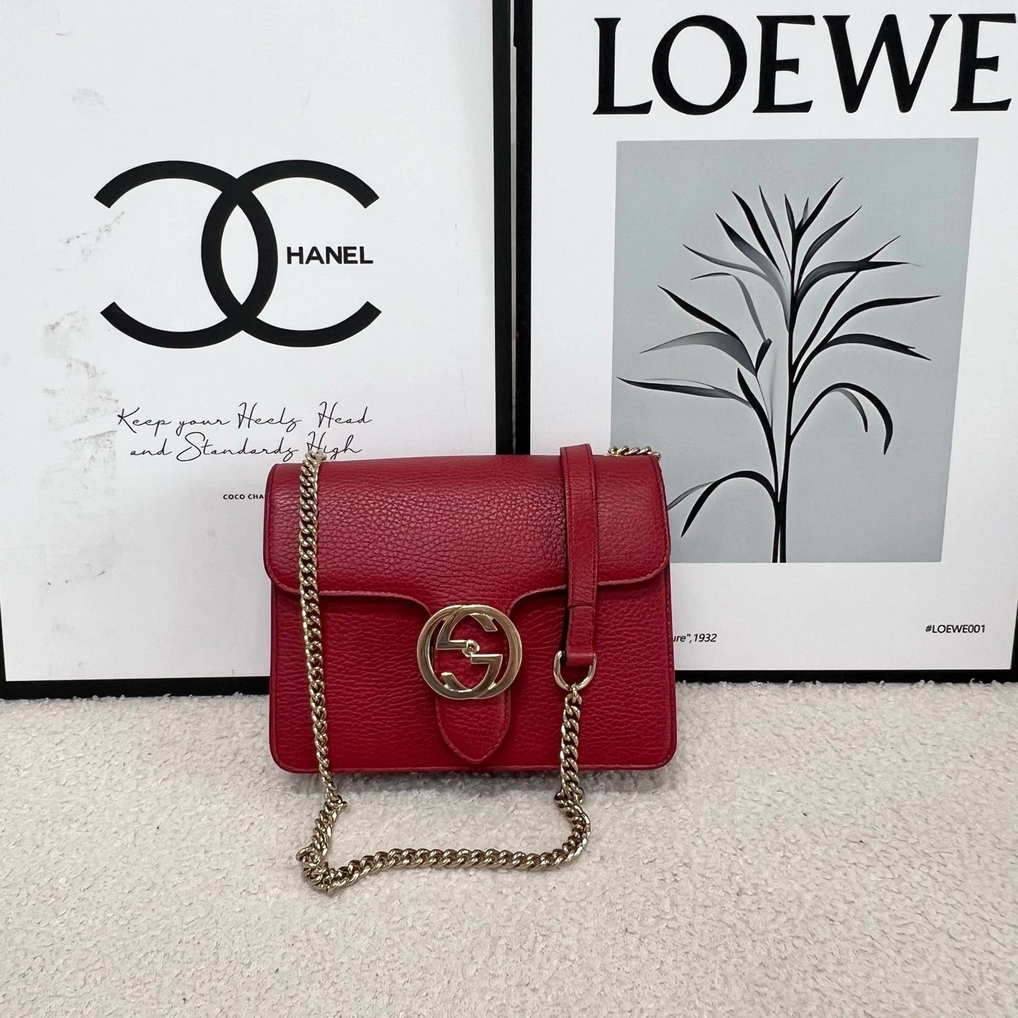 Gucci Red Double G Gold Buckle Accordion Chain Shoulder Bag Women
