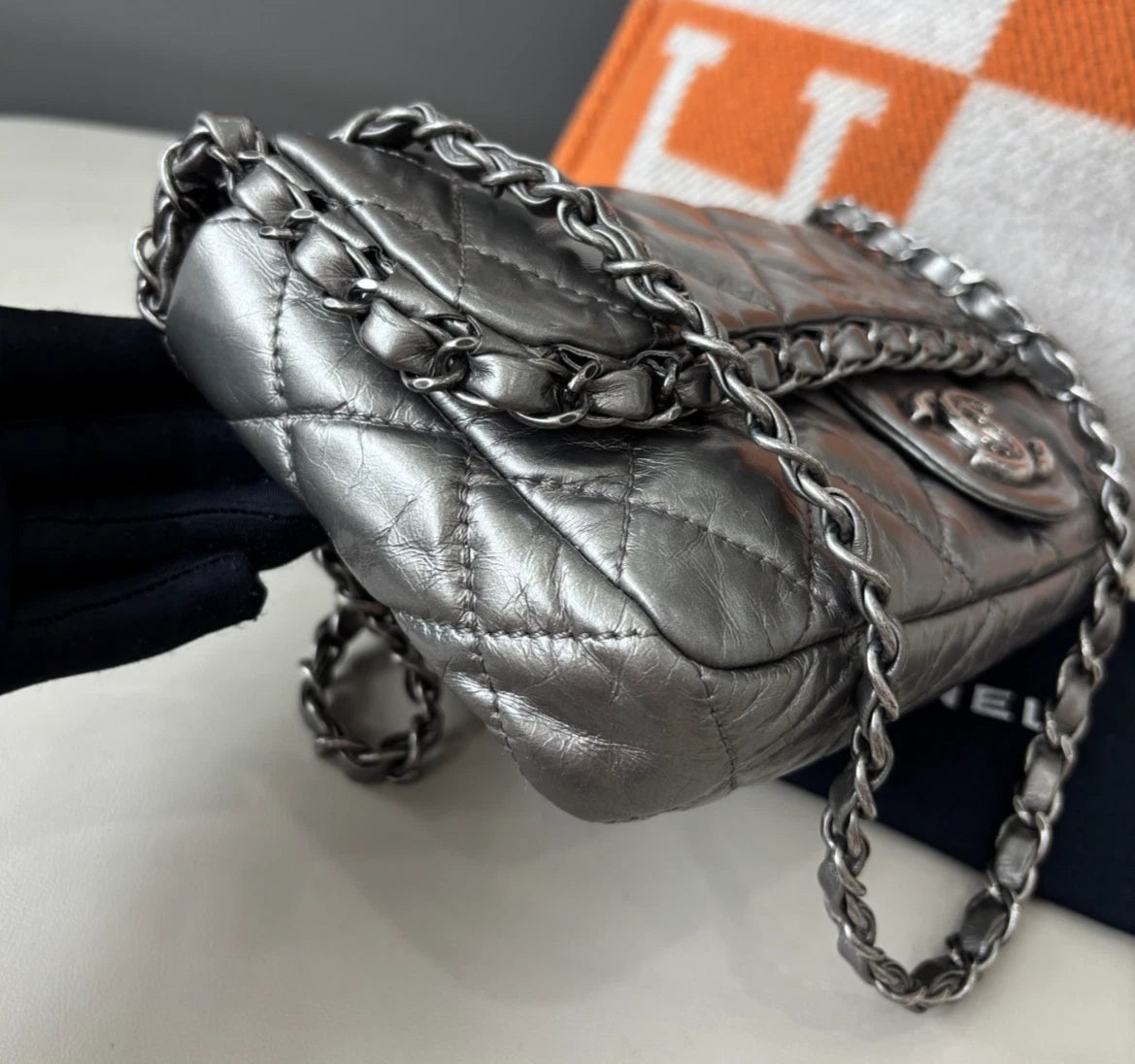Chanel Classic Flap Calfskin Chain Shoulder Bag Silver Women