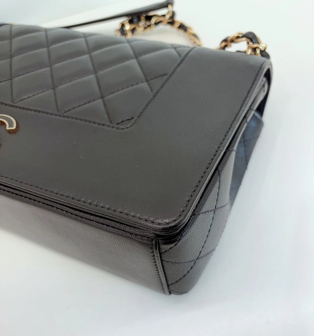 Chanel CC Logo Calfskin GM Chain Shoulder Bag Crossbody Black Gold Women Classic