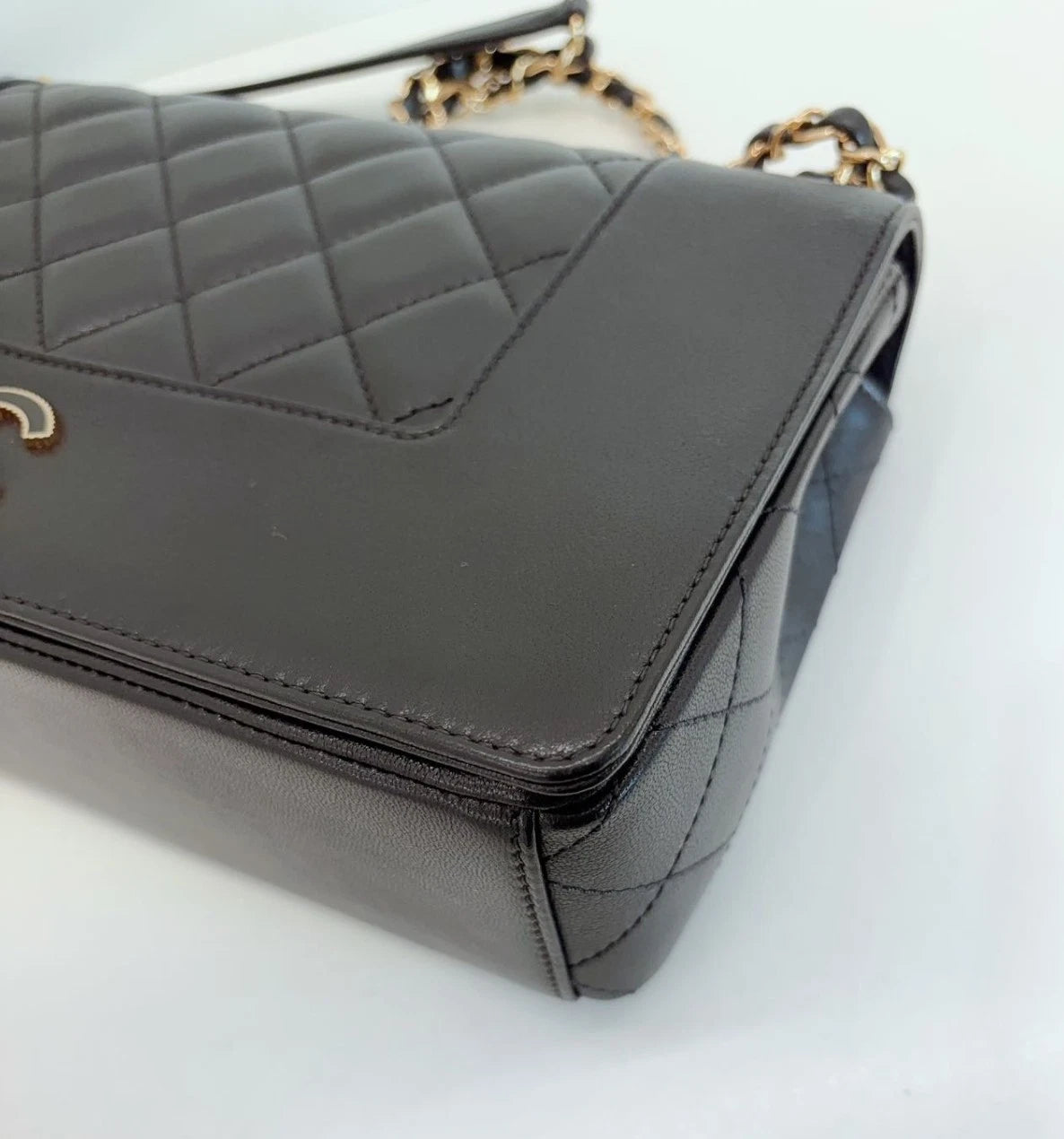 Chanel CC Logo Calfskin GM Chain Shoulder Bag Crossbody Black Gold Women Classic