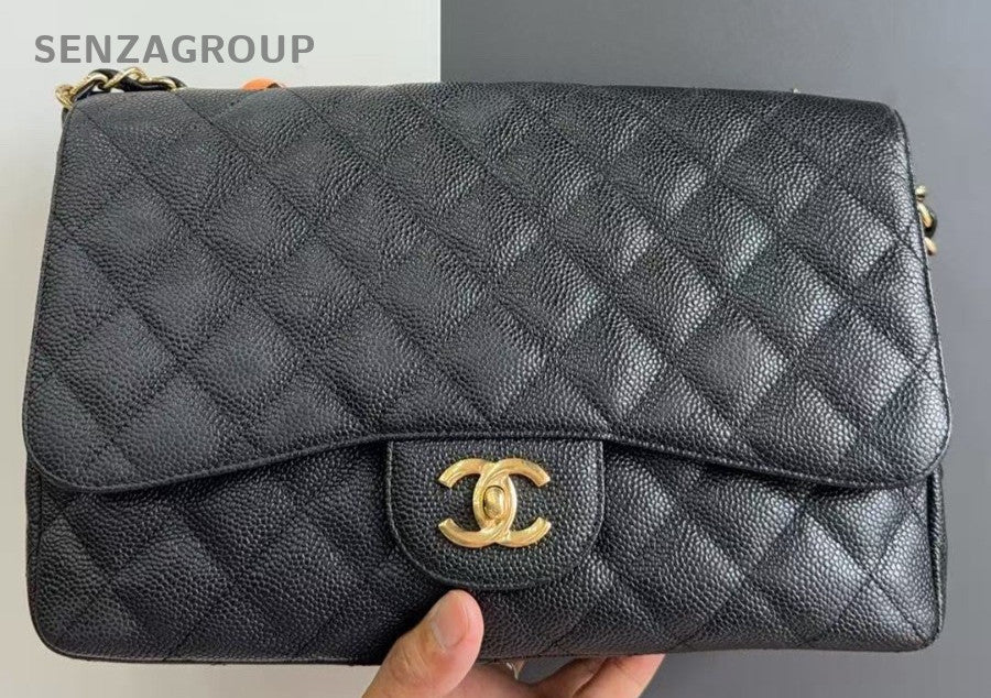 Chanel Classic Flap Jumbo GM Chain Shoulder Bag Black Gold Women Diamond
