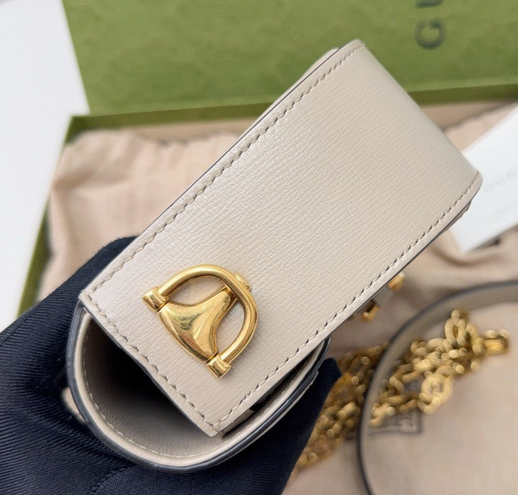 Gucci Horsebit1955 Chain Shoulder Bag Beige Gold Used Women Classic Fashion