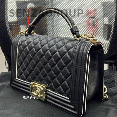 Chanel Le Boy Medium Black Gold Quilted Chain Shoulder Bag Classic
