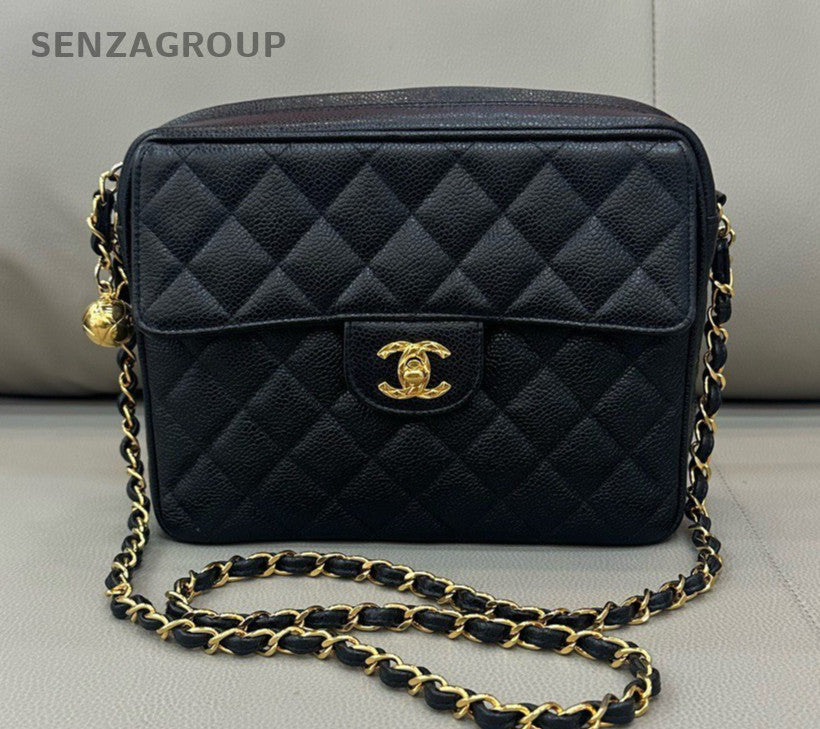 Chanel Camera Case Chain Calfskin Shoulder Bag Crossbody Black Gold Women