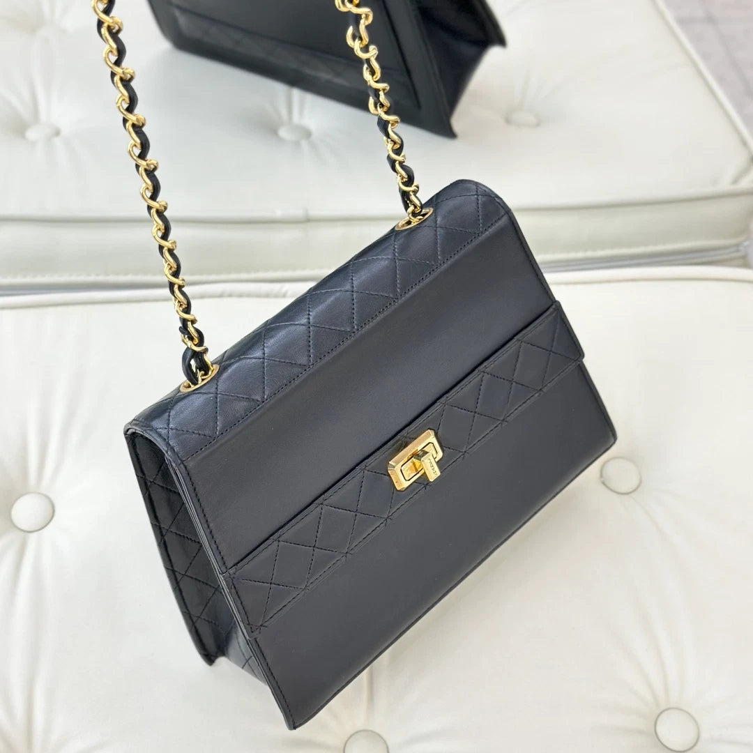 Chanel Vintage Classic Flap Chain Lambskin Shoulder Crossbody Bag Black Women S