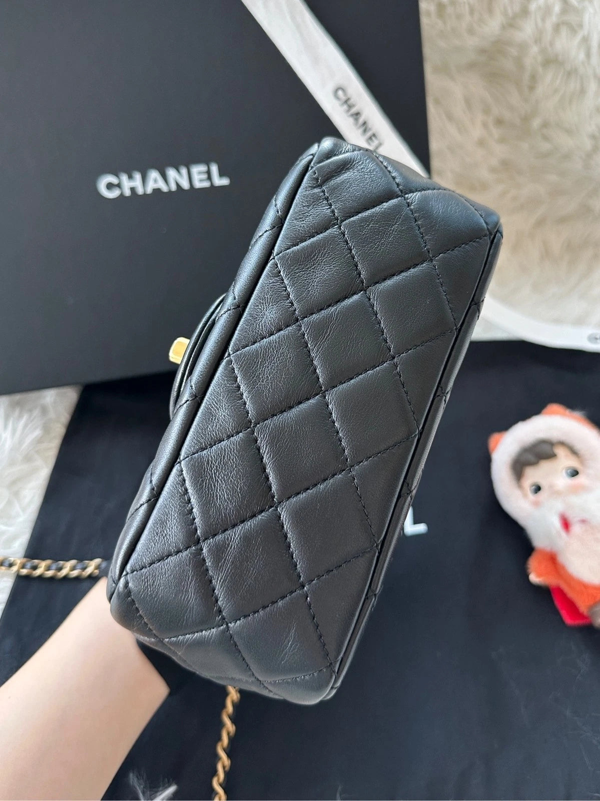 CHANEL Black Lambskin Gold Chain Square Crossbody Bag For Women